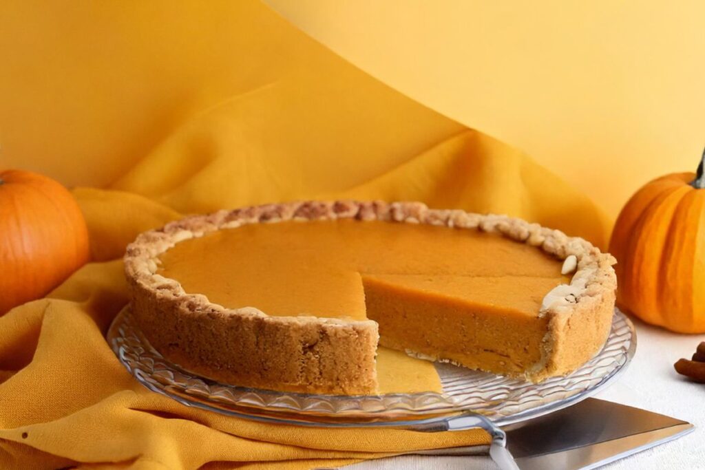 A gluten-free pumpkin pie with spiced custard filling and a golden crust, garnished with whipped cream