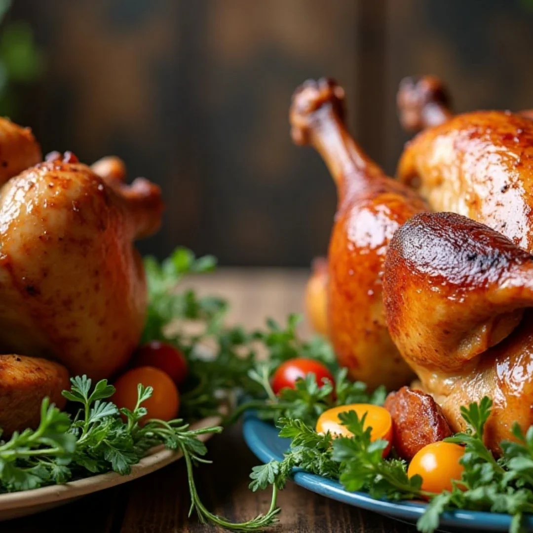 A roasted chicken and a turkey placed side by side on serving platters for comparison.