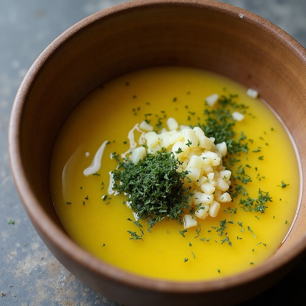 A bowl of butter mixed with chopped herbs, garlic, and citrus zest.