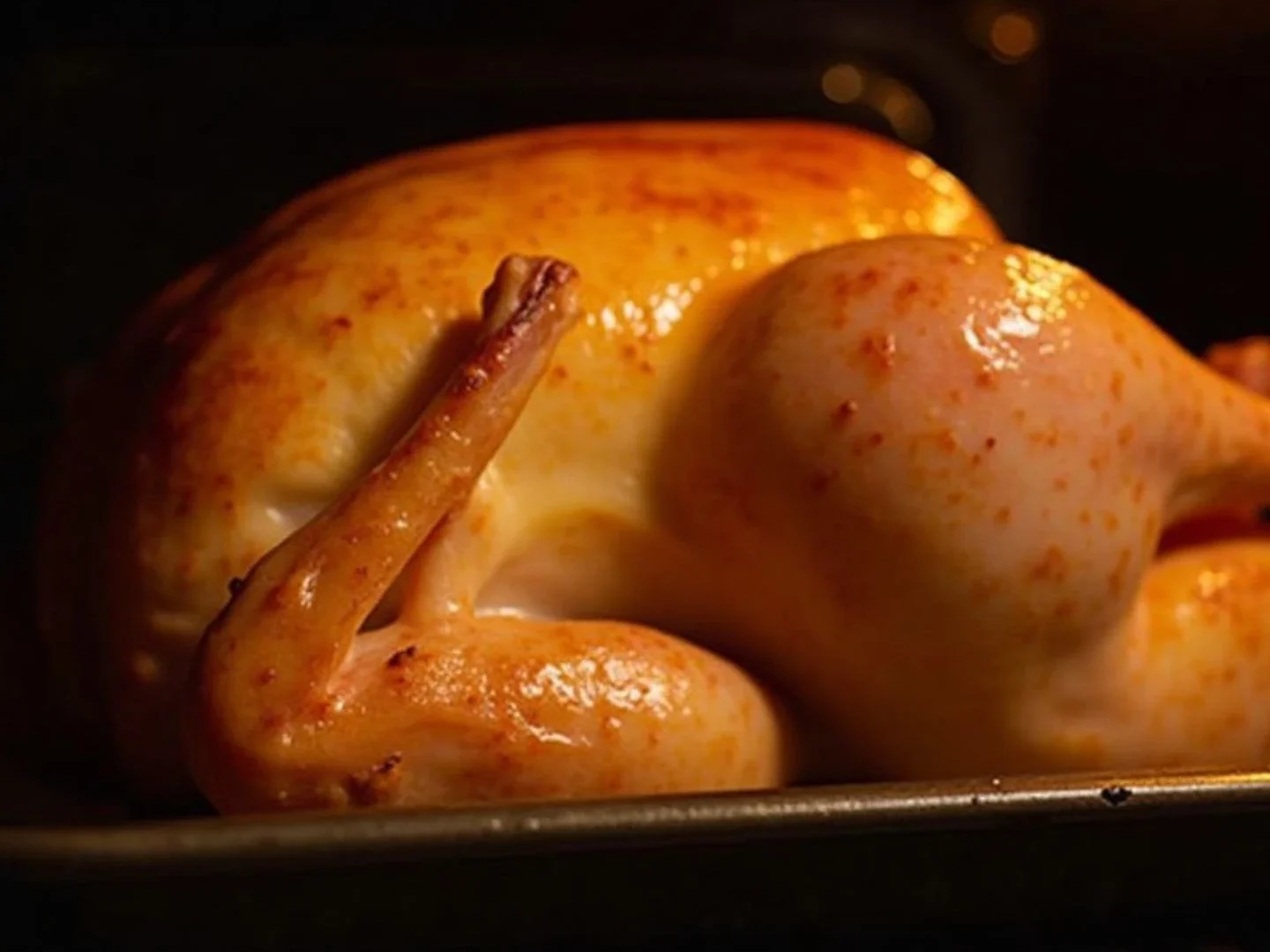 A golden roasted chicken in the oven.