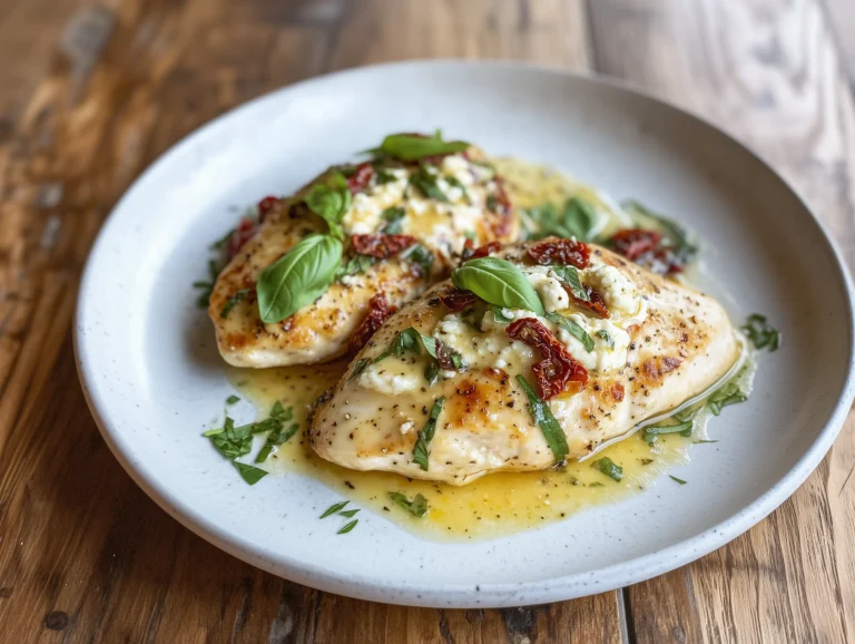 A plated Chicken Bryan dish topped with goat cheese, sun-dried tomatoes, and basil sauce.