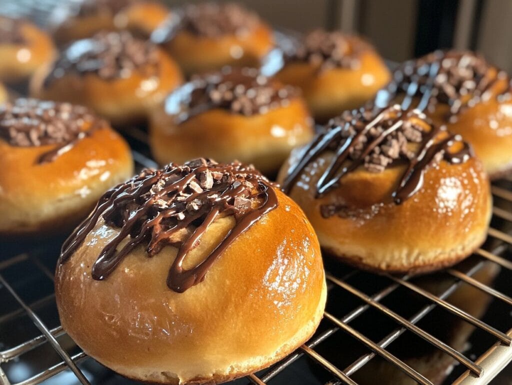 A tray of golden-brown chocolate buns with gooey chocolate filling.
