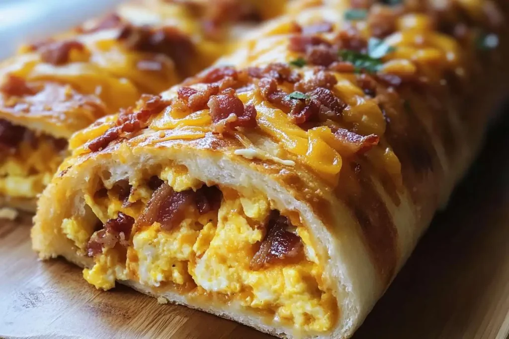 Sliced breakfast stromboli filled with scrambled eggs, bacon, and melted cheese on a wooden board.