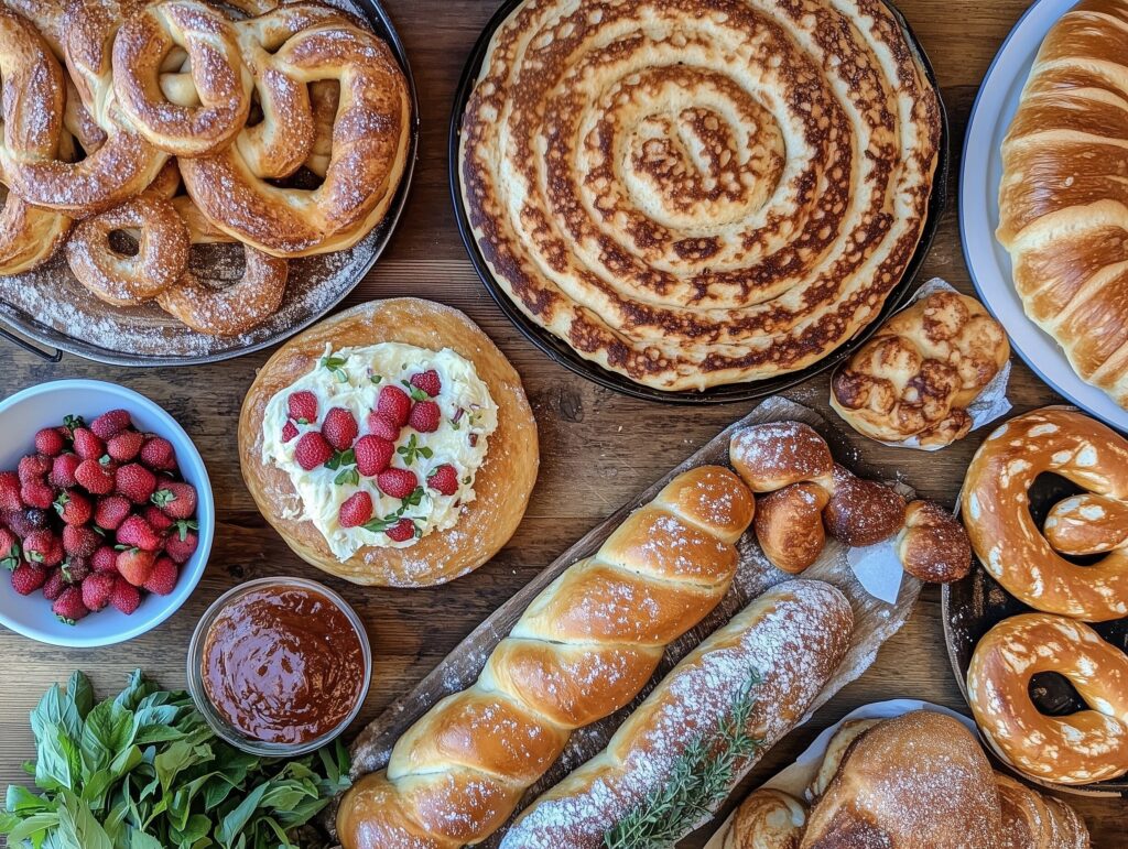 A variety of sourdough-based dishes displayed on a wooden table