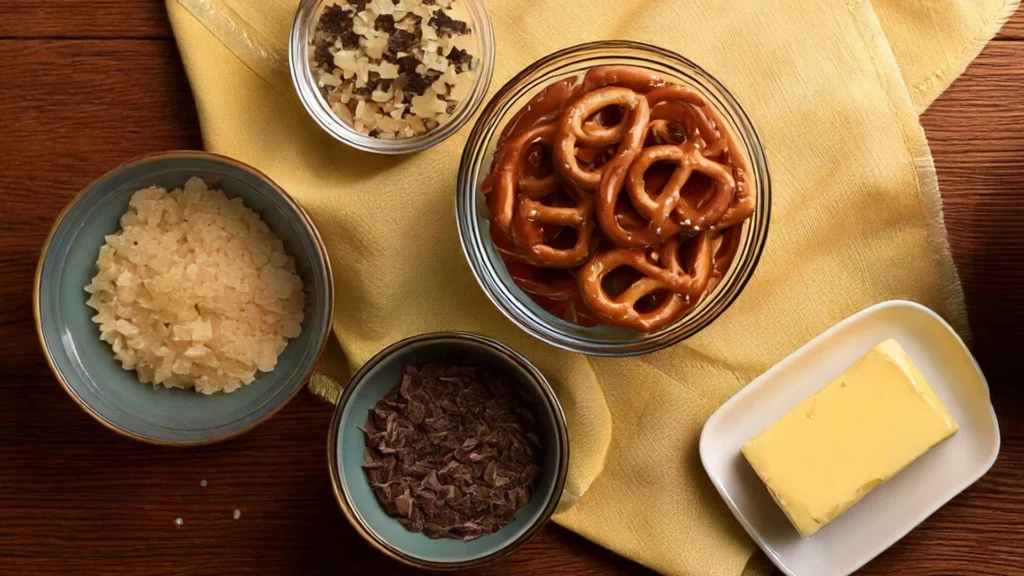 Ingredients for making Christmas Crack Pretzels, including pretzels, butter, sugar, chocolate chips, and toppings.