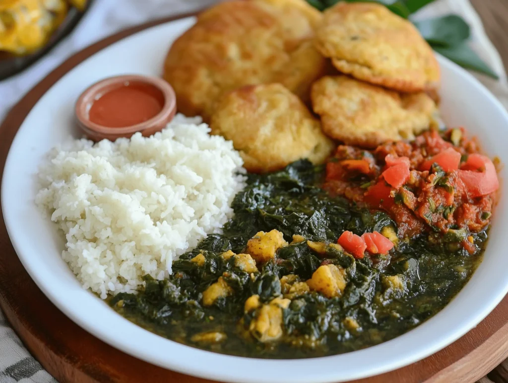 A nutritious Jamaican breakfast with callaloo, boiled green bananas, and yam.