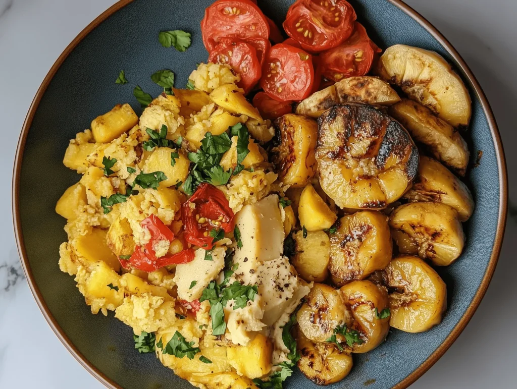 Ackee and saltfish with roasted breadfruit and plantains.