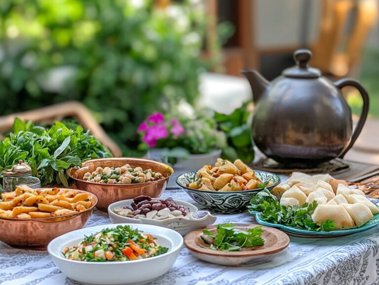 A beautifully arranged Arabic breakfast table featuring shakshuka, hummus, pita bread, and tea.