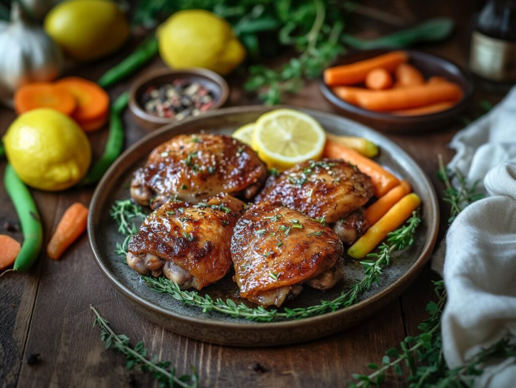 Golden baked lemon herb chicken thighs garnished with fresh thyme and lemon slices, served on a rustic ceramic plate with roasted vegetables.