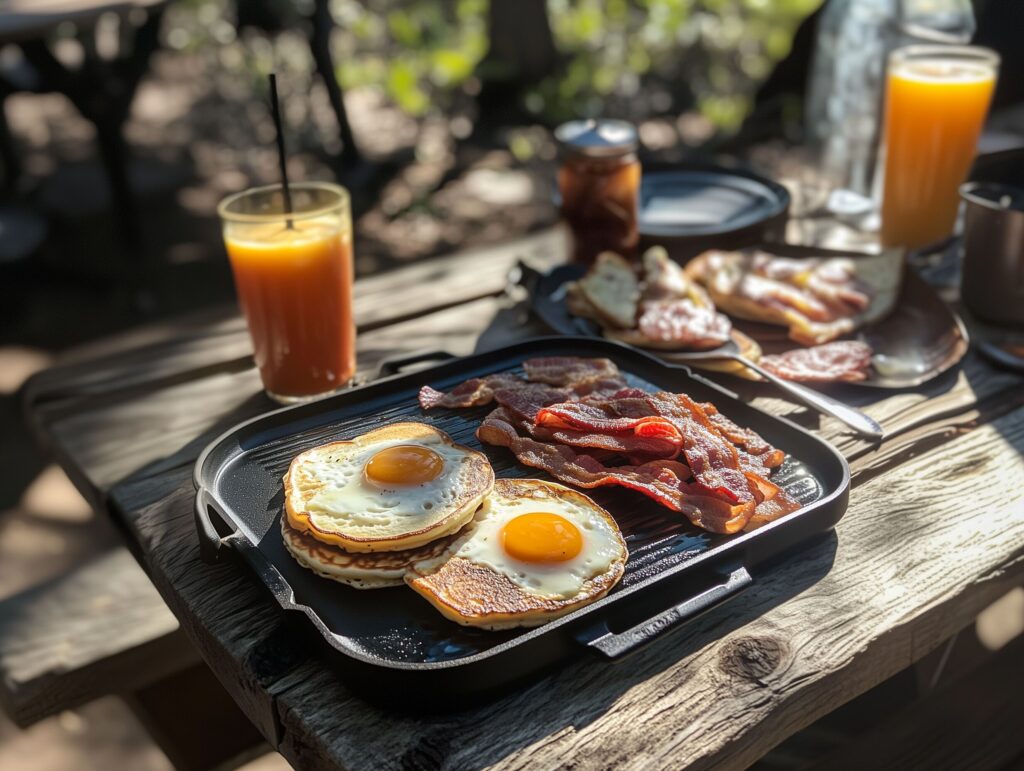 A vibrant spread of Blackstone breakfast recipes including pancakes, eggs, and bacon.