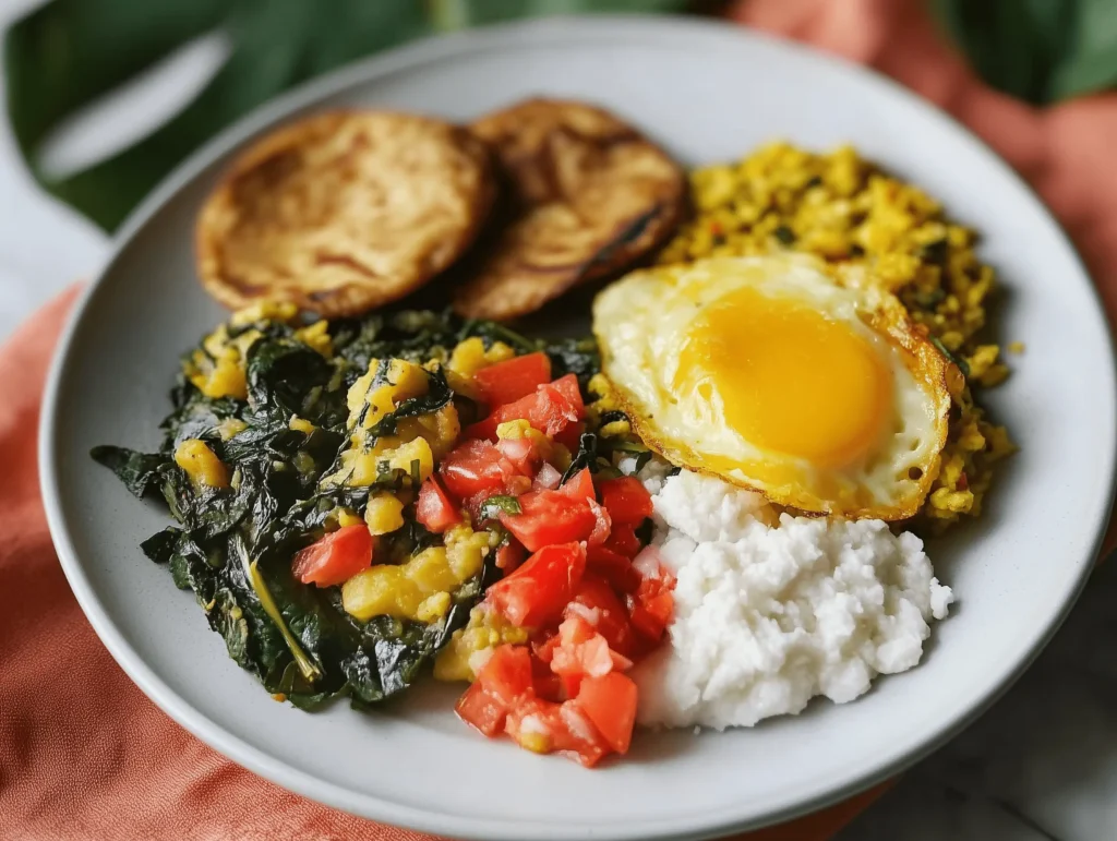 Callaloo and saltfish served with fried dumplings.
