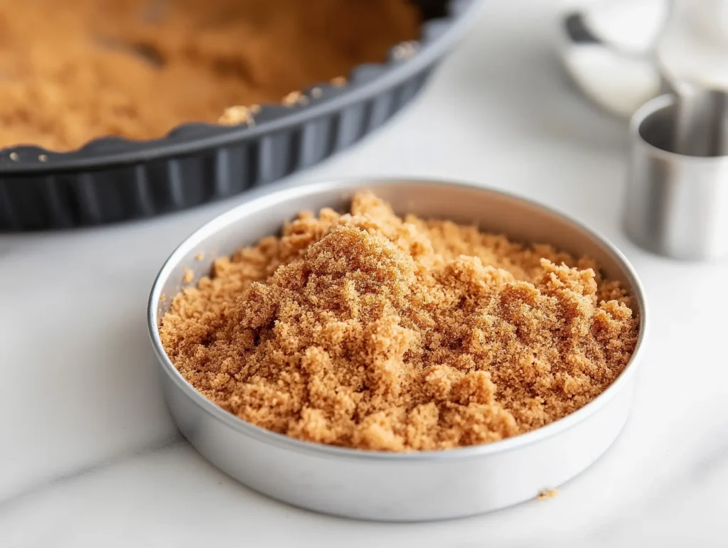  Ingredients for the cheesecake crust in a mixing bowl.