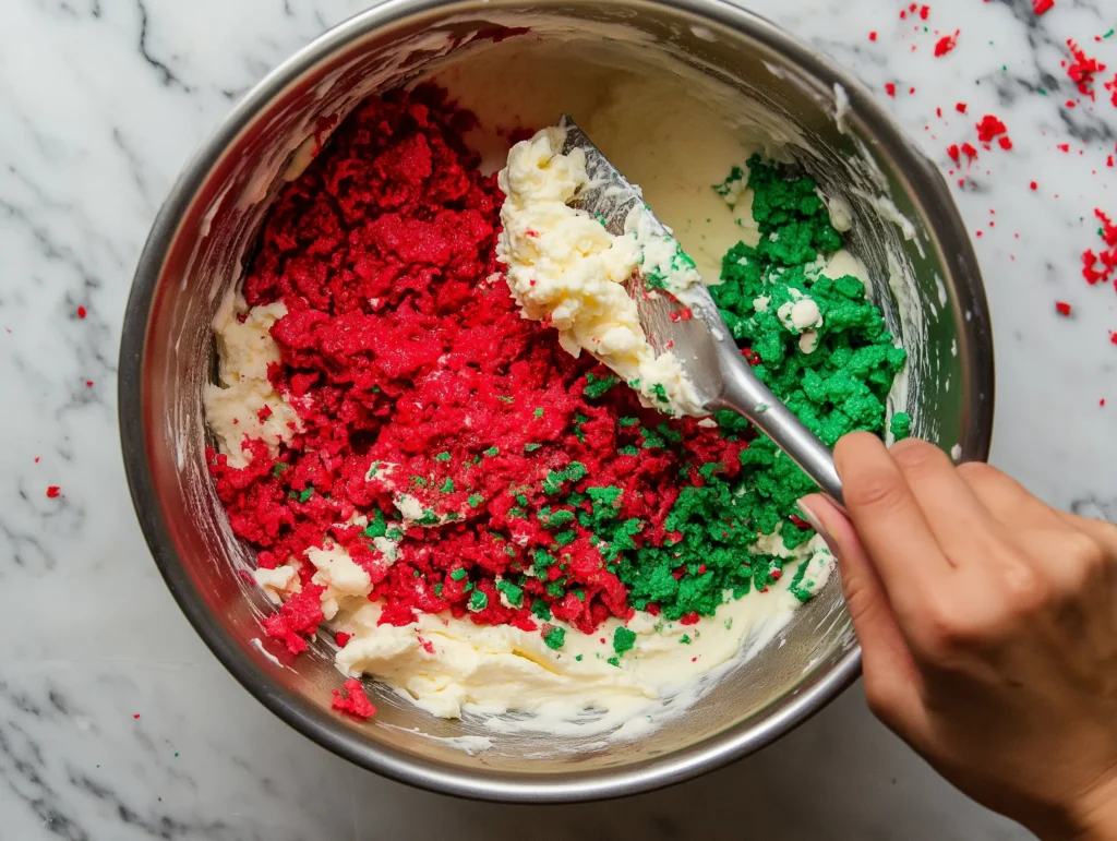 Mixing cheesecake batter with crumbled Christmas Tree Cake