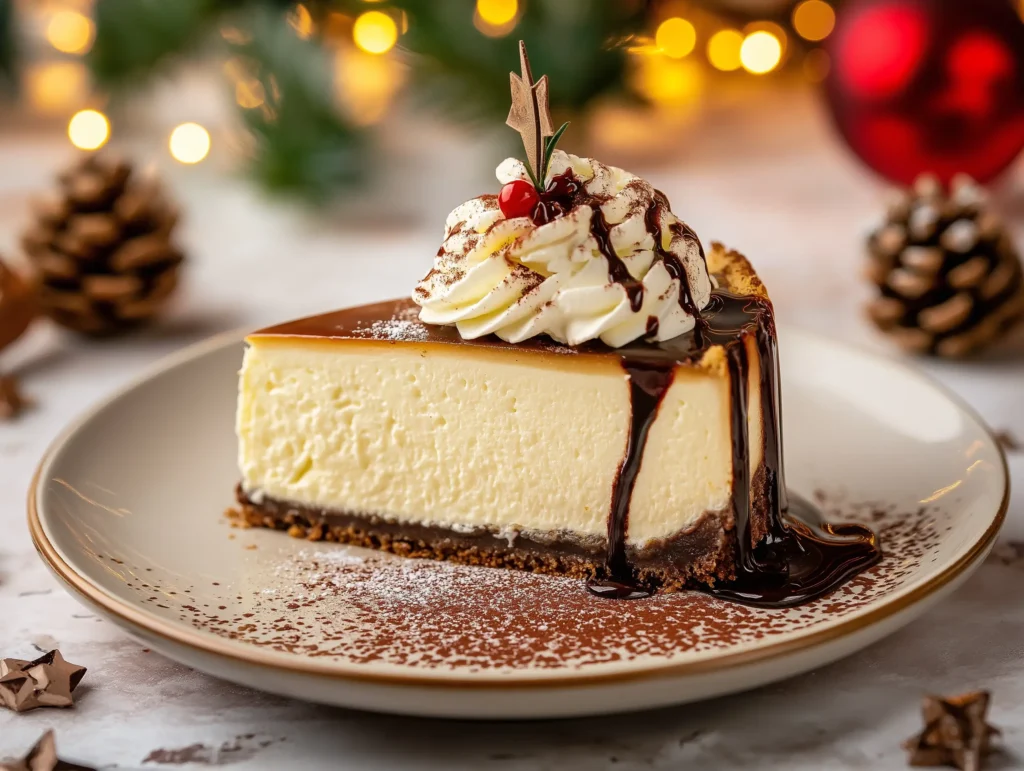 A slice of Christmas Tree Cheesecake served on a holiday plate.