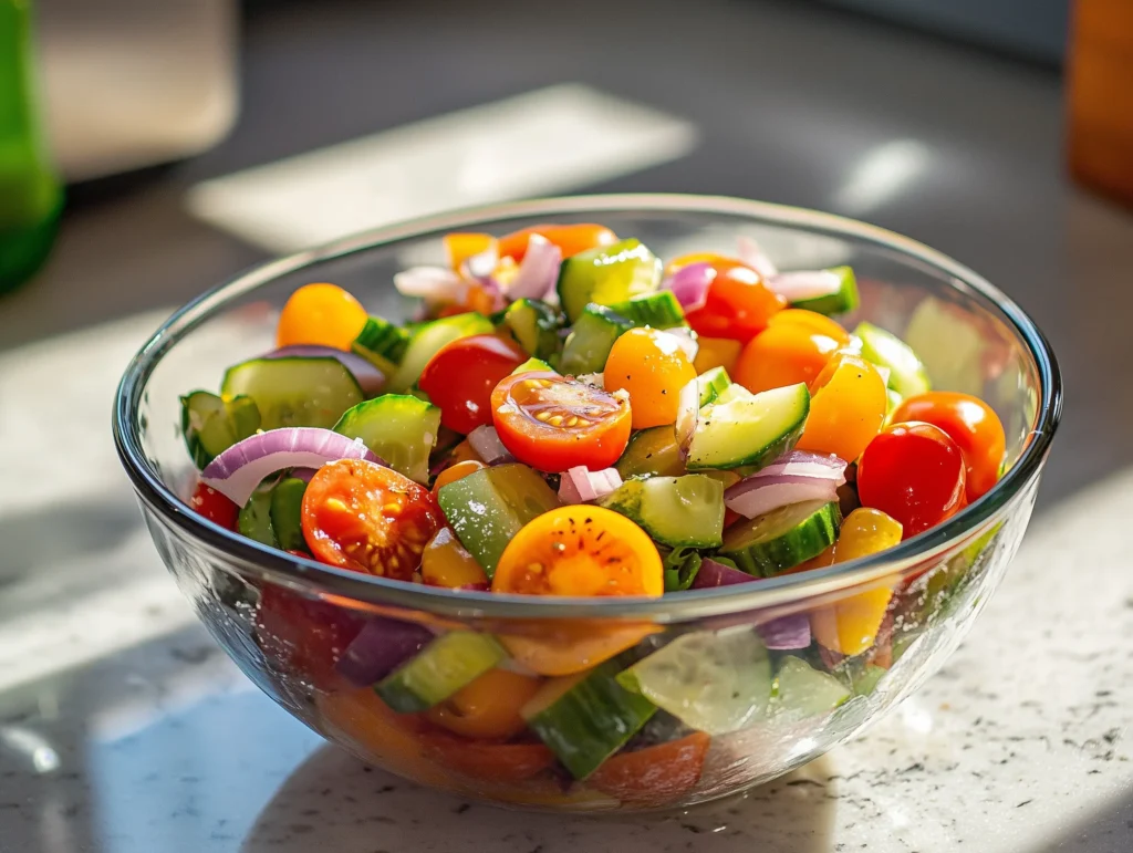 A vibrant salad with Christmas Lima Beans, cherry tomatoes, and cucumbers