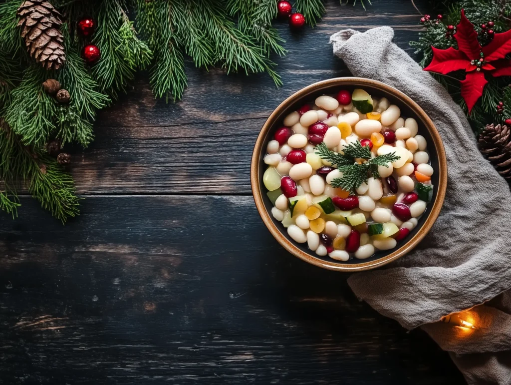 A bowl of cooked Christmas Lima Beans with a festive background