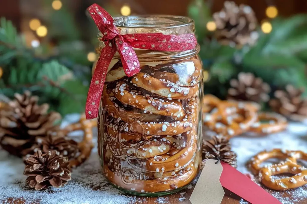 A mason jar filled with Christmas Crack Pretzels tied with a red ribbon.