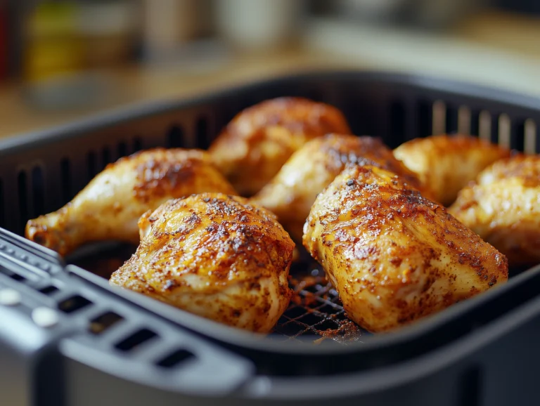 Golden and crispy chicken leg quarters in an air fryer basket, perfectly seasoned and cooked to perfection, highlighting their rich color and bold flavor.