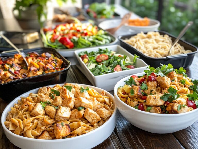 A variety of cubed chicken recipes displayed in colorful bowls and plates.