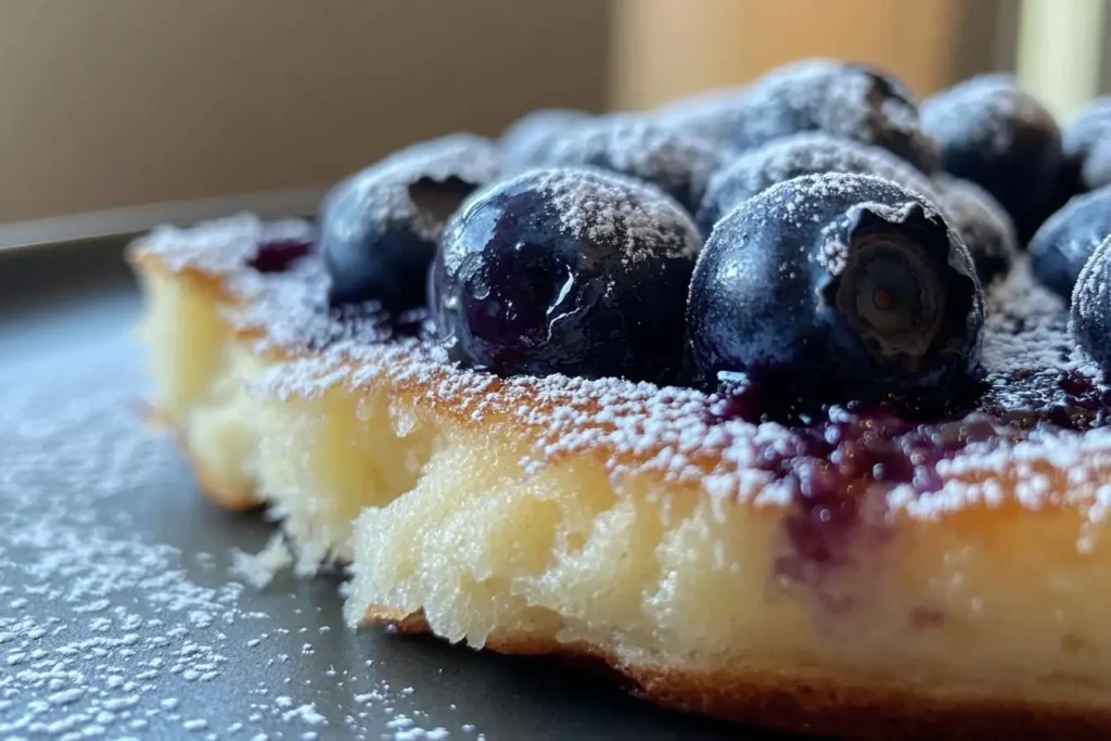 A fork holding a slice of blueberry pancake with visible blueberries inside.