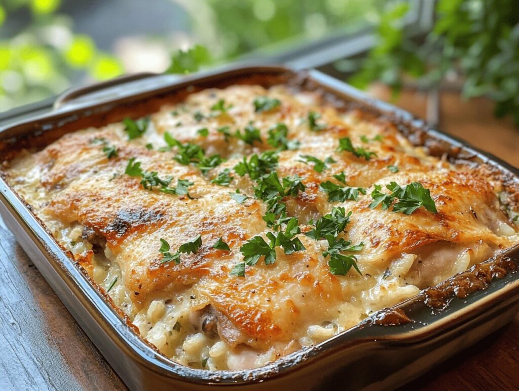 A perfectly baked forgotten chicken recipe with golden-brown chicken thighs and fluffy rice.