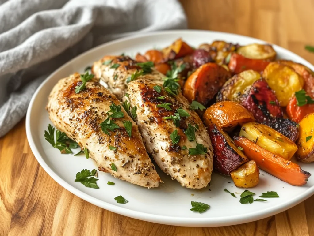 Juicy Galena chicken breasts garnished with parsley on a serving plate.