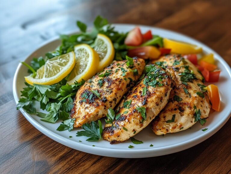 Golden baked chicken cutlets served with fresh greens and lemon wedges.