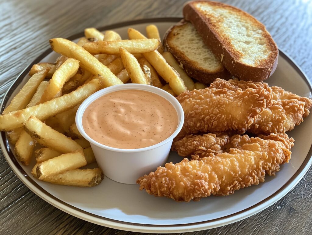 A plate of crispy Cane’s chicken tenders with dipping sauce, fries, and Texas toast.