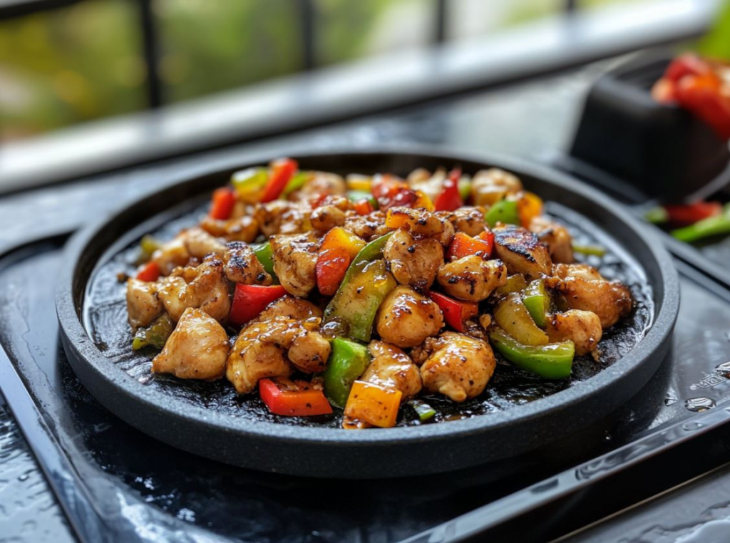 A vibrant Honey Garlic Chicken Stir-Fry prepared on a Blackstone grill, featuring golden chicken pieces glazed with honey garlic sauce, colorful vegetables like bell peppers, broccoli, and carrots, served with a bowl of steamed rice on a rustic wooden table.