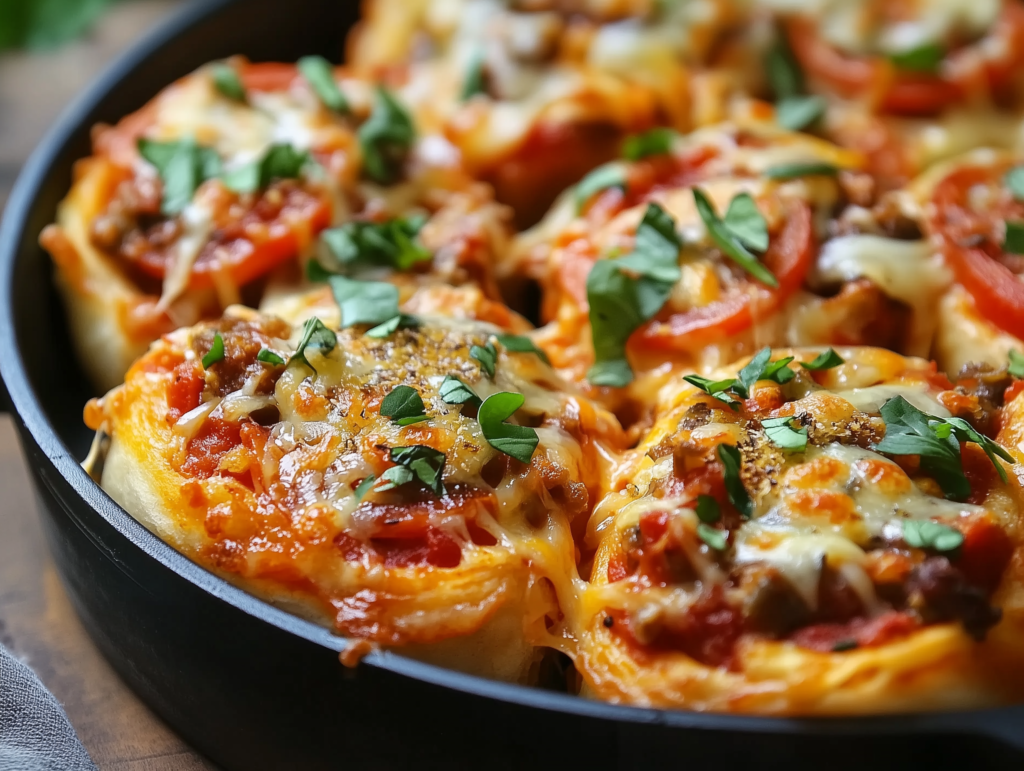 Breakfast pizza rolls, including dough, eggs, cheese, bacon, and vegetables.