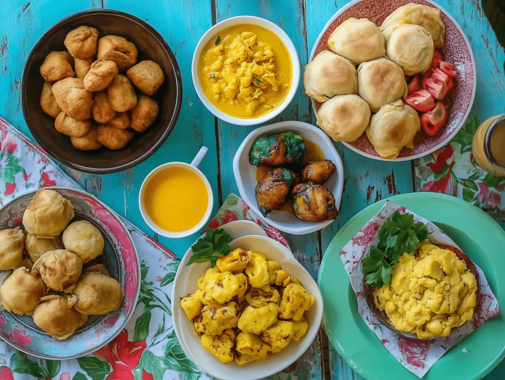 Traditional Jamaican breakfast spread featuring ackee and saltfish, dumplings, and Blue Mountain coffee.