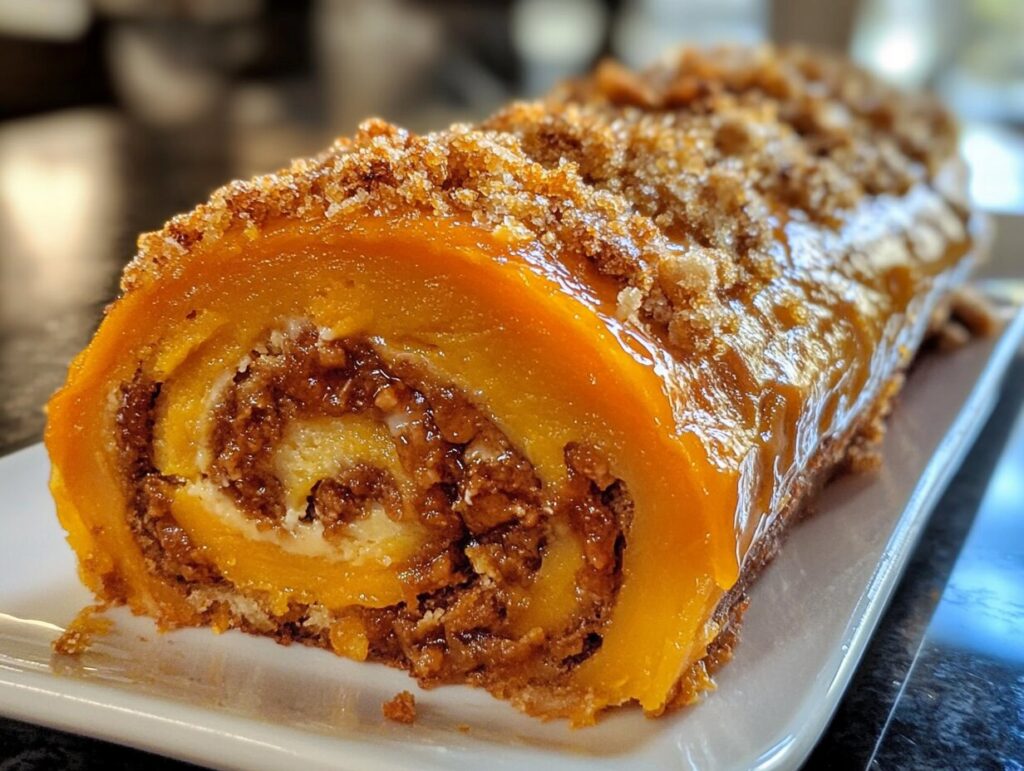 Libby’s Pumpkin Roll sliced and displayed on a wooden board, surrounded by fall decor including leaves, cinnamon sticks, and a small pumpkin.