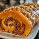 Libby’s Pumpkin Roll sliced and displayed on a wooden board, surrounded by fall decor including leaves, cinnamon sticks, and a small pumpkin.