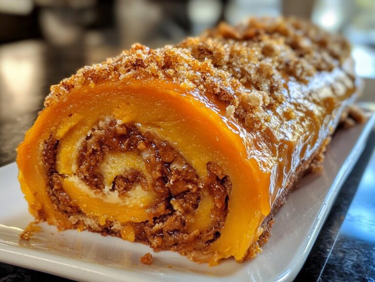 Libby’s Pumpkin Roll sliced and displayed on a wooden board, surrounded by fall decor including leaves, cinnamon sticks, and a small pumpkin.