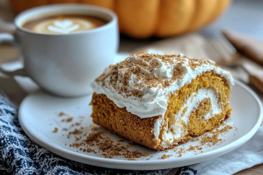 A slice of Libby’s Pumpkin Roll served on a plate with a cup of coffee, topped with powdered sugar and garnished with pecans.