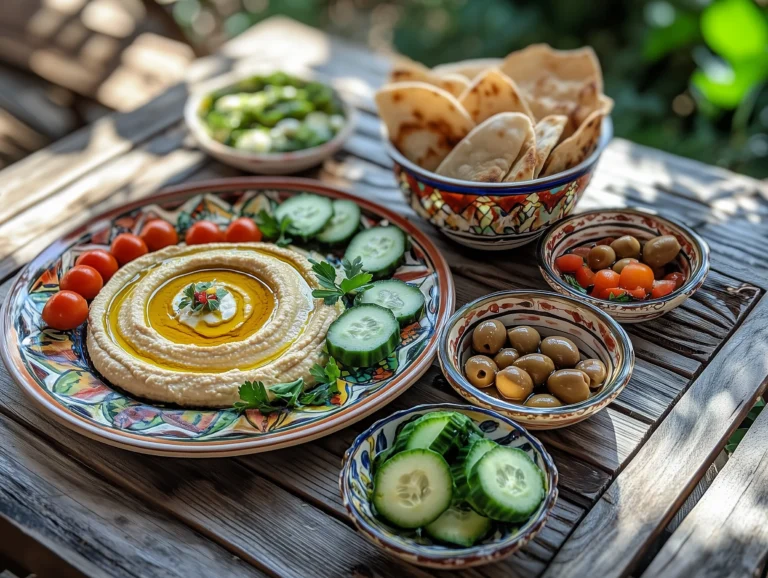 A vibrant Middle Eastern breakfast spread featuring hummus, labneh, fresh bread, and vegetables.