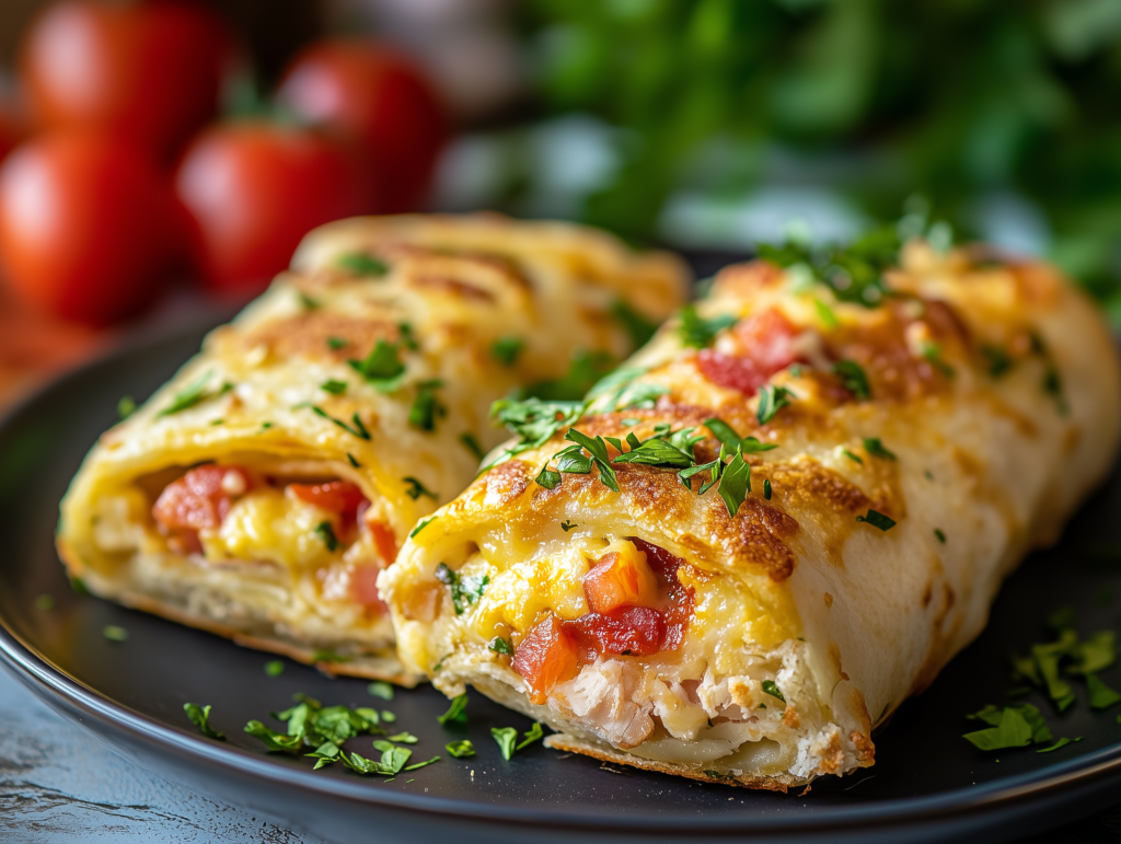 A plate of freshly baked breakfast pizza rolls served with dipping sauces.