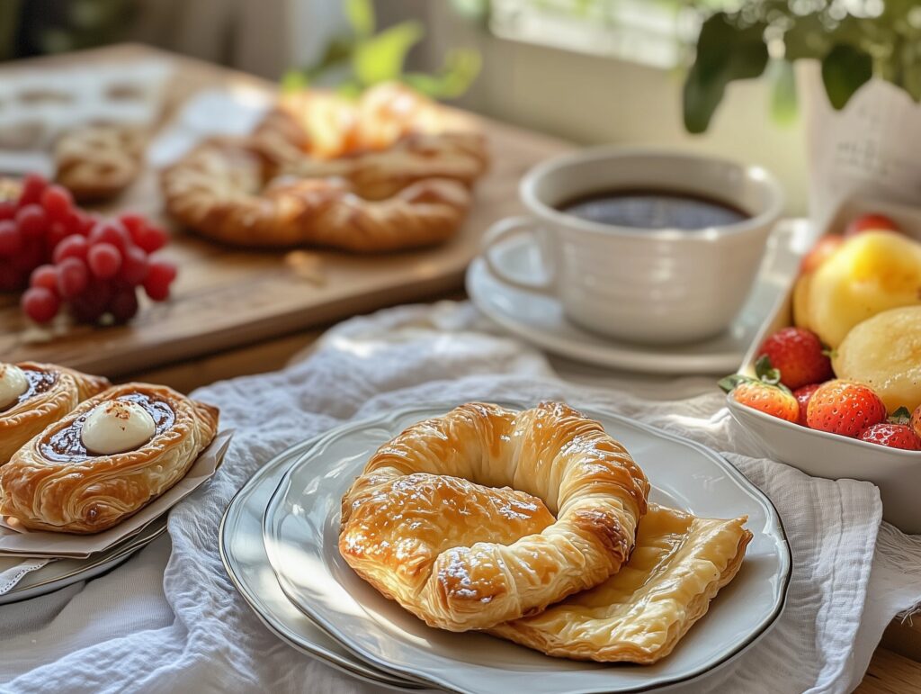 A breakfast table featuring puff pastry treats, including Danish pastries and breakfast pockets.