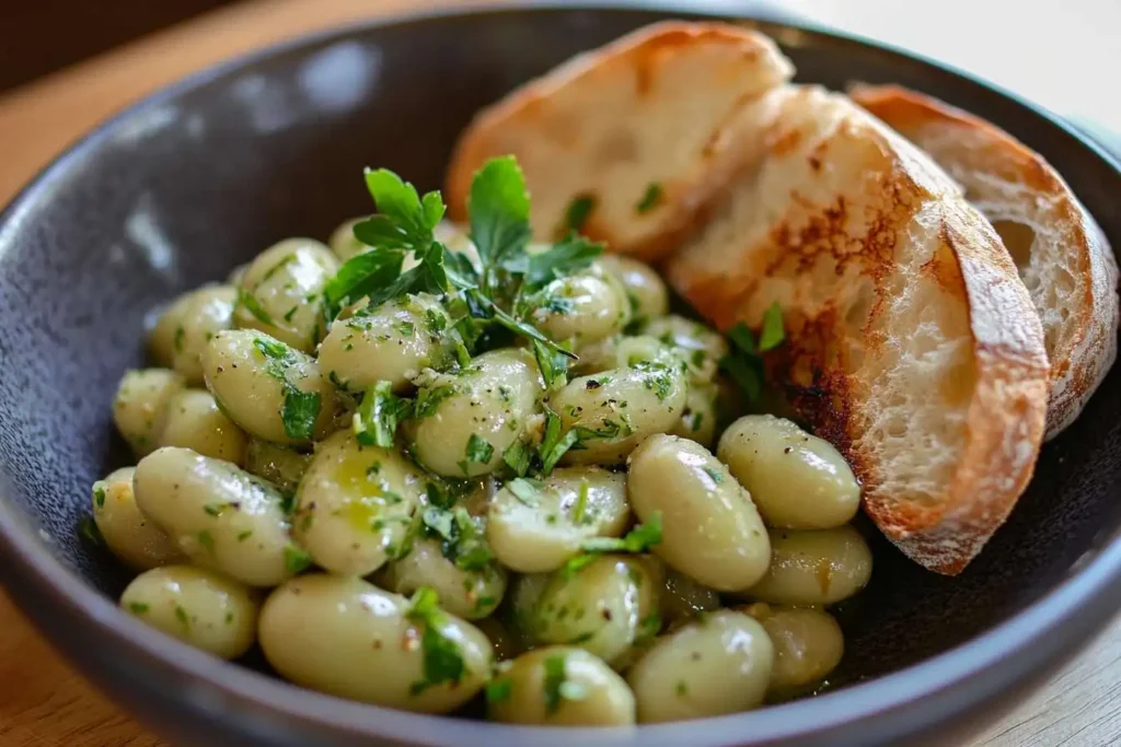 A bowl of creamy, perfectly cooked lima beans garnished with parsley.