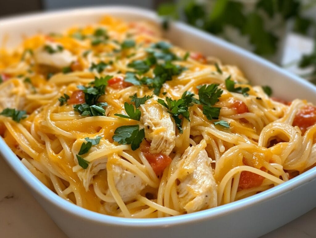 A creamy and cheesy Rotel chicken spaghetti casserole served in a white baking dish.