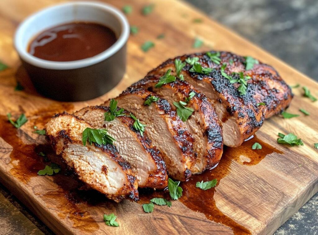 Perfectly smoked chicken breast sliced and served on a wooden cutting board.