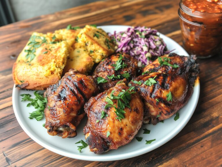 A platter of smoked chicken thighs garnished with fresh herbs.