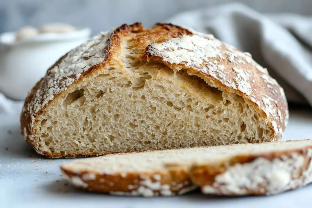 A freshly baked vegan bread loaf with a golden crust and soft, fluffy interior, sliced on a wooden board.