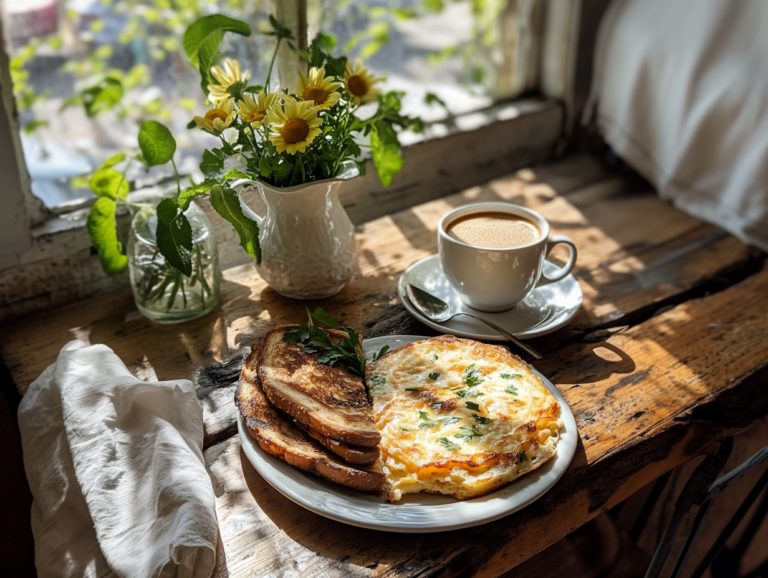 A rustic breakfast spread featuring sourdough toast, pancakes, and a breakfast strata.