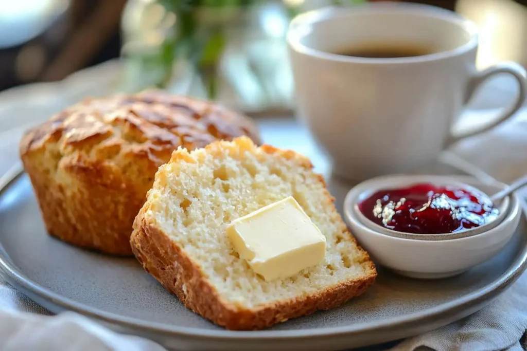 A slice of sourdough quick bread with butter and jam, served on a plate with a cup of coffee in the background.