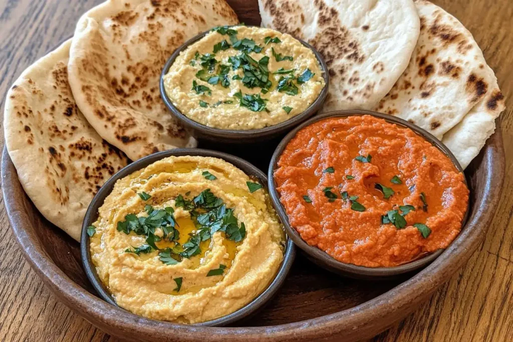 A table with bowls of hummus, baba ghanoush, muhammara, and fresh vegetables.
