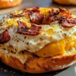 A toasted bagel topped with scrambled eggs, crispy bacon, and melted cheese, served on a wooden board with fresh greens and a glass of orange juice.