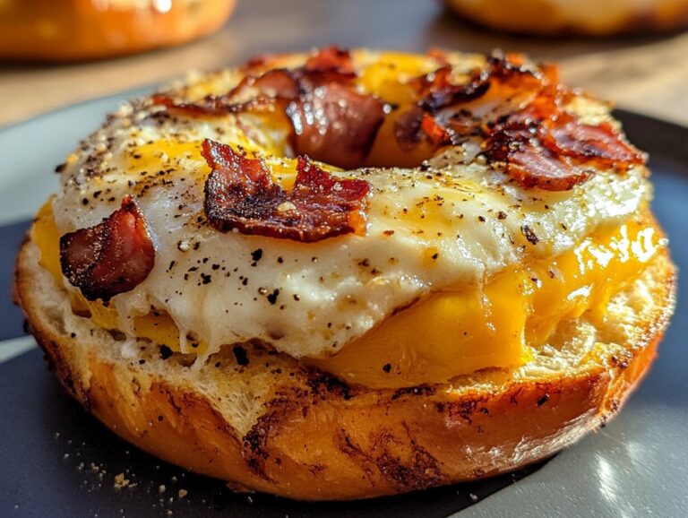 A toasted bagel topped with scrambled eggs, crispy bacon, and melted cheese, served on a wooden board with fresh greens and a glass of orange juice.