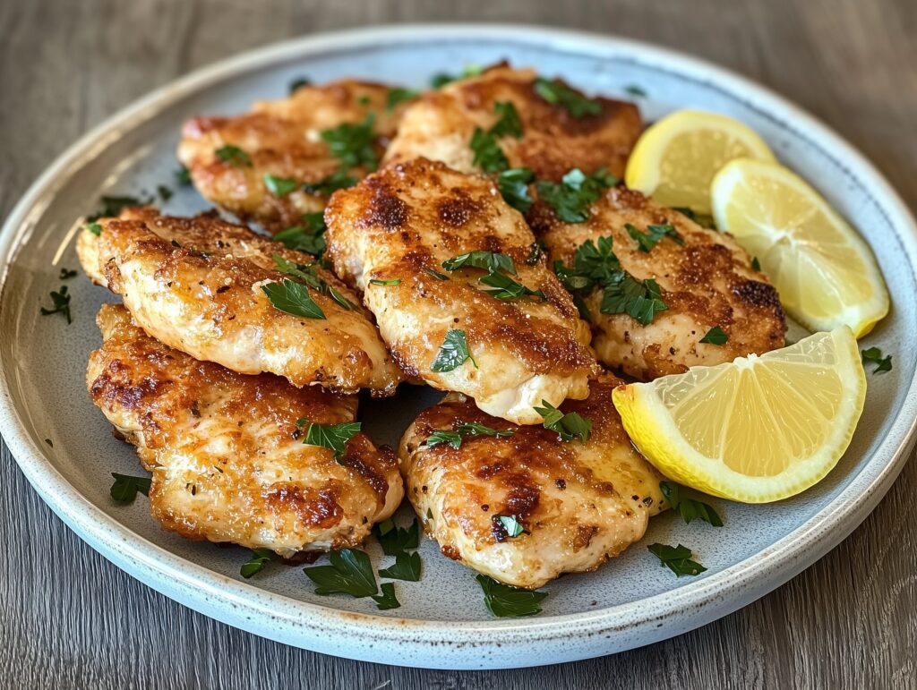 A plate of golden baked chicken cutlets with lemon wedges and fresh herbs.