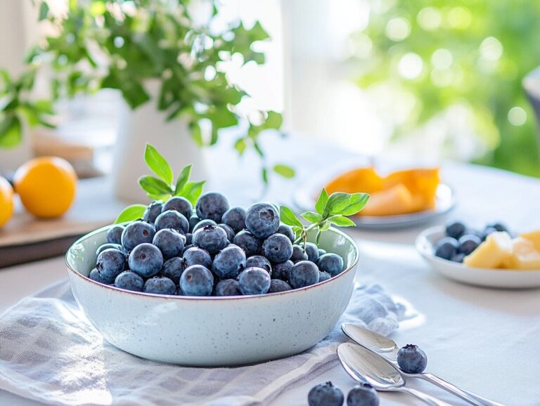 A bowl of fresh blueberries surrounded by breakfast items like oats, yogurt, and honey.